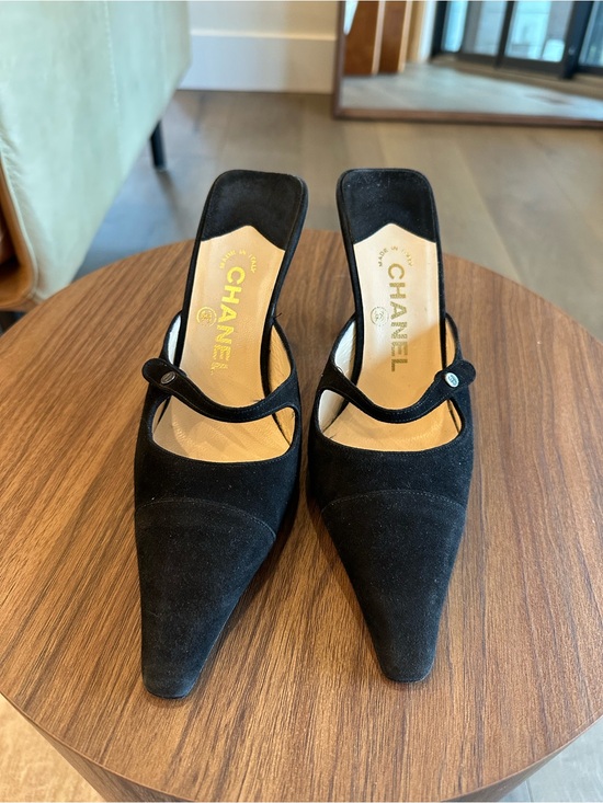 CHANEL Shoes - Chanel Black Suede Mary-Jane Pointed-Toe Mules